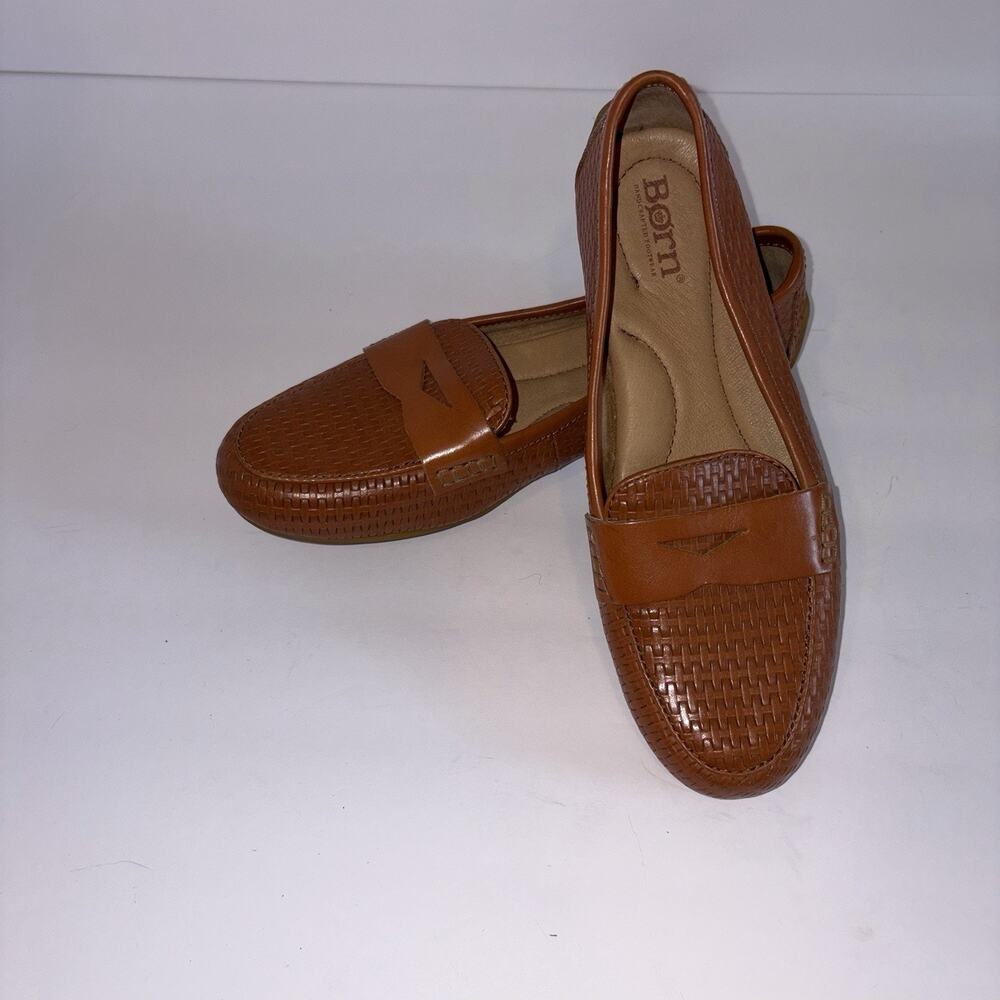 BORN Malena Cognac Woven Full Grain Leather Flats Driving Loafers Womens 5.5 EUC